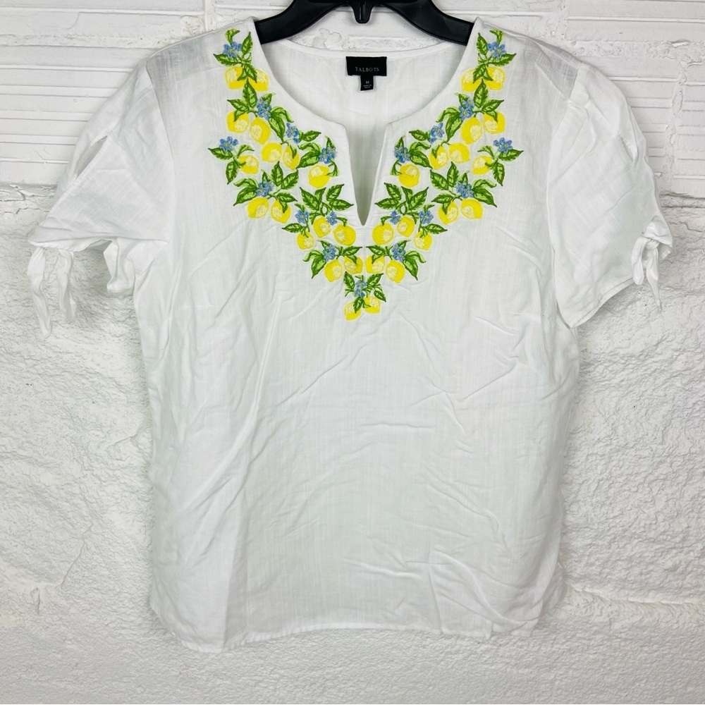 TALBOTS white lightweight lemon, embroidered linen cotton summer shirt SZ medium - Picture 7 of 15